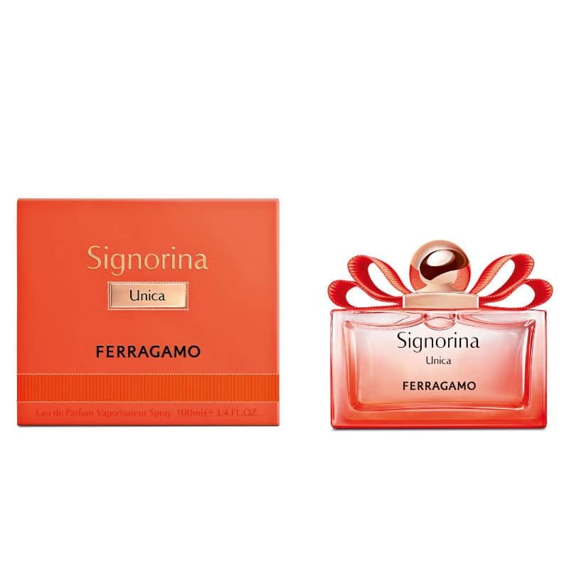 Perfume Ferragamo Signorina Unica 100ml EDP con frasco elegante y detalles rosados.